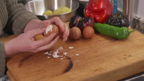 Peeling boiled egg close up Stock Footage 331218546