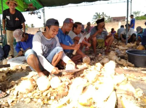Peeling coconut with comunity Stock Photos