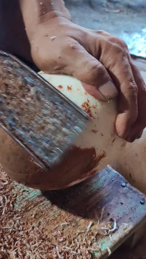 Peeling Coconut Husk with Simple Scraper Stock Footage 331968951