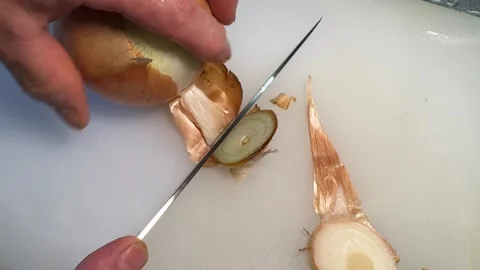Peeling an Onion with a Knife and Hands, Japanese Kitchen Culture Stock Footage 344291513