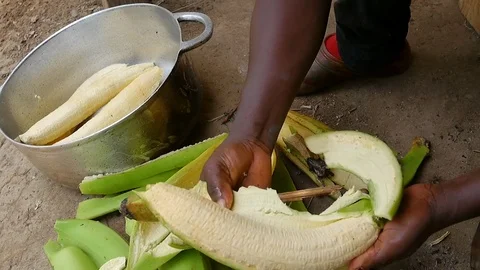 Peeling plantain and drop it in pot Stock Footage 80459710