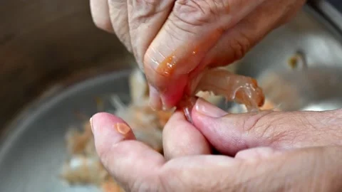 Peeling prawns, separating the shells Stock Footage 219717142