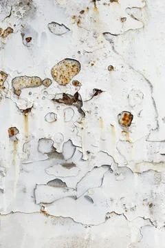 Peeling white paint and rust stains on a abandoned car, close up abstract t.. Stock Photos
