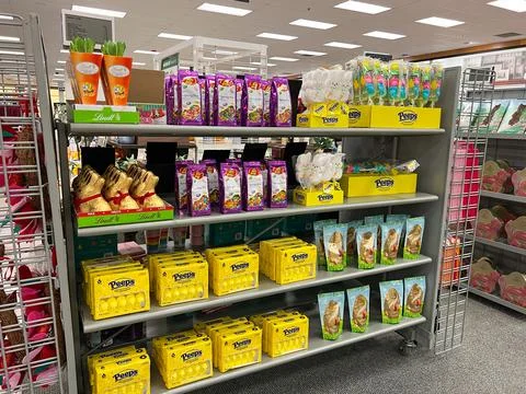 The Peeps marshmallow chicks and easter candy aisle Stock Photos