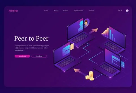 Peer to peer computer network isometric landing Stock Illustration