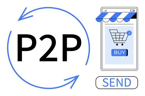 Peer-to-Peer E-commerce Technology with Shopping Cart and Send Button Illustrazione stock