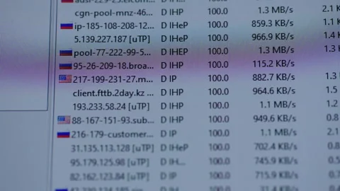 Peer-to-peer file sharing program interface displaying multiple ip addresses Stock Footage 321291931