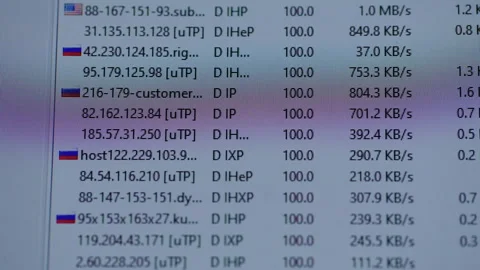 Peer-to-peer file sharing program interface displaying multiple ip addresses Stock Footage 321293035