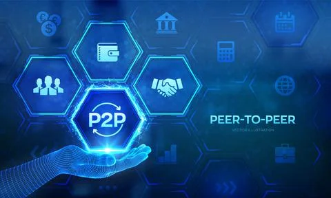 Peer to peer logo in wireframe hand. P2P payment and online model for support Stock Illustration