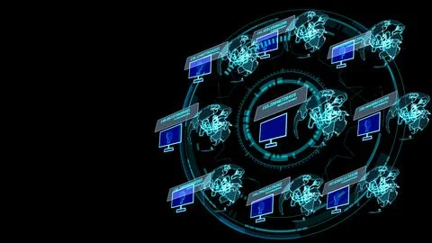 Peer to peer network .decentralization global AI monitor and holographic fu.. Stock-Illustration