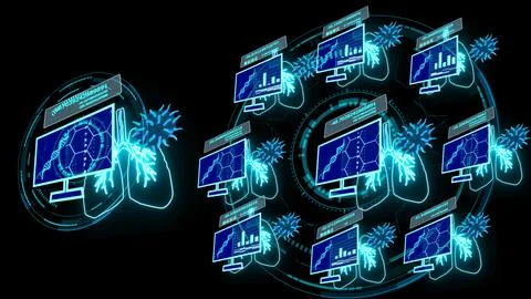 Peer to peer network wireless connection simulation of mrna and virus covid.. Stock Illustration