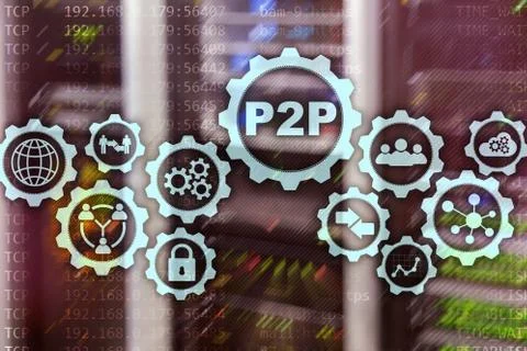 Peer to peer. P2P on the virtual screen with a server room background. Stock Photos