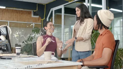 Peer placing hand on shoulder starting business talk, data graphs rising over Vídeo Stock 334728572
