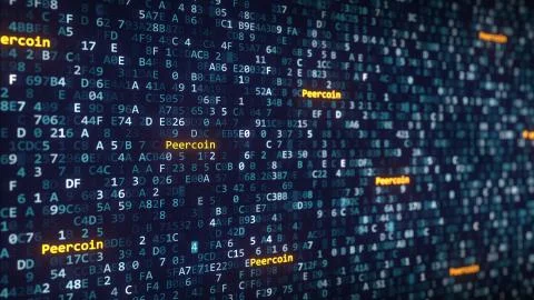 Peercoin captions appearing among changing hexadecimal symbols on a computer Stock-Fotos