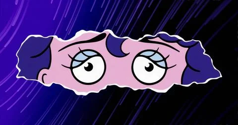 Peering stylized cartoon face floating over purple gradient backdrop, with ja Ilustração Stock