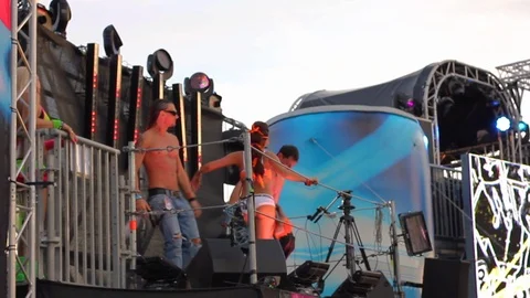 Peformers dance and party on a float at Zurich's Love Fest Street Parade 스톡 동영상 89778990