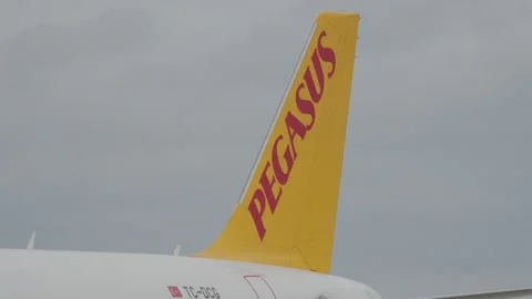 Pegasus Airlines logo on tail fin close Stock Video Pond5