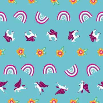 Pegasus and rainbow seamless pattern design cute illustration Stock Illustration