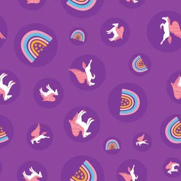 Pegasus and rainbow seamless vector pattern on purple background Stock Illustration