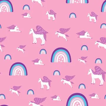 Pegasus and rainbows repeat pattern design on pink background illustration Stock Illustration
