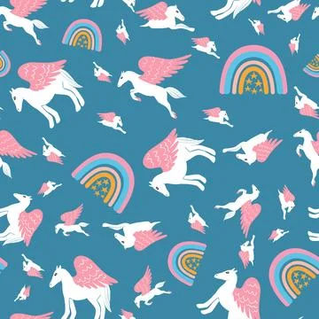 Pegasus and rainbows repeat pattern, vector illustration on blue background Stock Illustration
