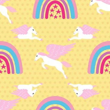 Pegasus and rainbows vector seamless pattern design on yellow polka dots back Stock Illustration