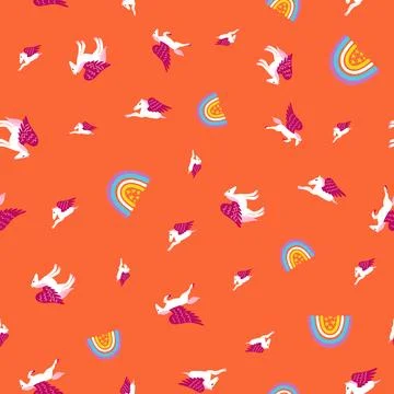 Pegasus and rainbows vector seamless pattern design on orange Stock Illustration