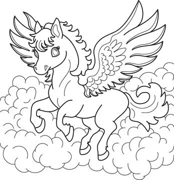 Pegasus in the clouds vector, outline drawing on a white background Illustrazione stock
