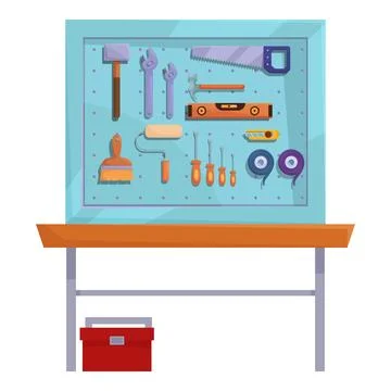 Pegboard with tools hanging over workbench in workshop Stock Illustration