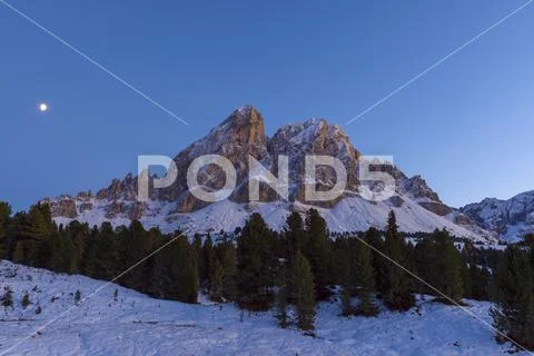 Peitlerkofel at Dusk with Moon, Autumn, Sass de Putia, San Martino in Badia, Stock Photos