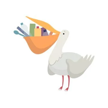 Pelican with plastic trash in its beak, global environmental problem, ecological Ilustración de archivo