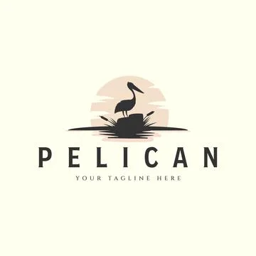 Pelican with sun and cattails vector logo vintage template illustration desig Stock Illustration