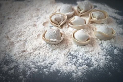 Pelmeni with raw meat Stock Photos