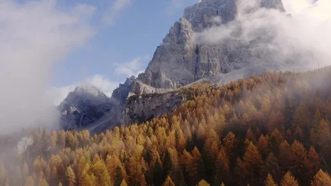 The Pelmo mountain and a forest of pines and orange larches, Dolomites, Autumn 스톡 동영상 129809622
