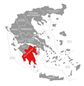Peloponnese red highlighted in map of Greece Stock Illustration