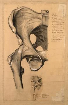 The pelvis, front view: two studies, showing the bones and ligaments of the.. Stock Illustration