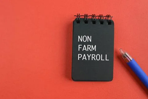 Pen and notebook written with text NON FARM PAYROLL Foto stock