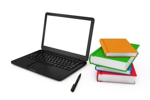 Pen and Stack of Books near Modern Laptop Computer with Blank Screen for Your Stock Illustration