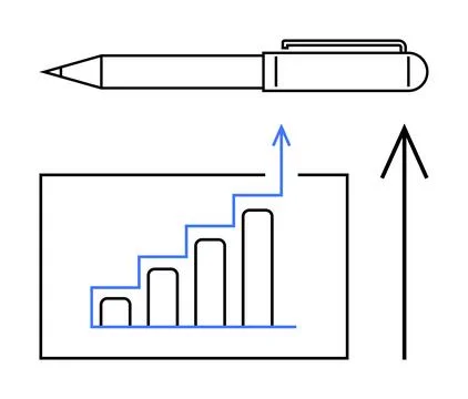Pen, ascending bar graph, and upward arrow symbolizing growth and progress .. Stock Illustration