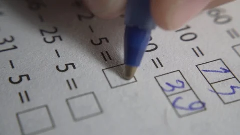 Pen Blue Closeup School Substraction Examples Education Boy Girl Math Writing Vídeo Stock 117344388