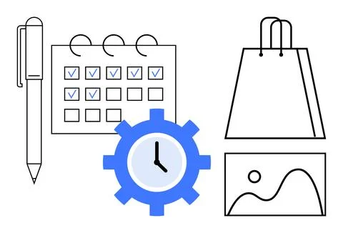 Pen, calendar with checkmarks, clock within a blue gear, shopping bag, and la Illustration