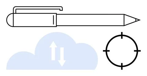 Pen with clip and pointed tip, cloud with up and down arrows, and crosshair t Illustrazione stock