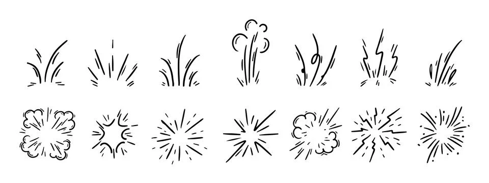 Pen Comic Boom Explosion Vector Set. Chalk Scribble Crayon Graffiti Sturburst Stock Illustration