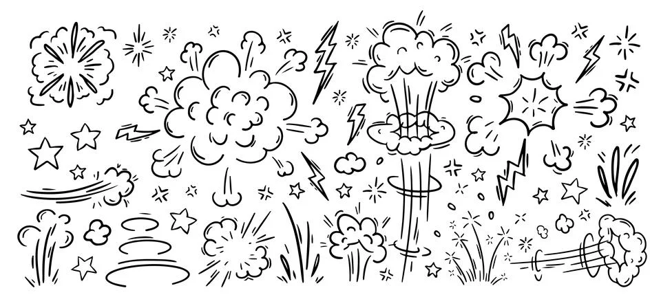 Pen Comic Boom Explosion Vector Set. Chalk Scribble Crayon Graffiti Sturburst Stock Illustration