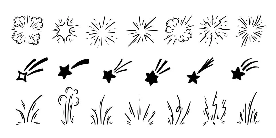 Pen Comic Boom Explosion Vector Set. Chalk Scribble Crayon Graffiti Sturburst Stock Illustration
