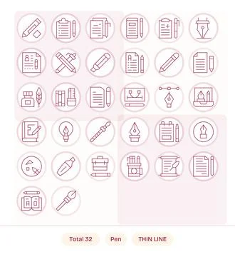 Pen Design Vector Icons featuring 32 Pixel Optimized Thin Line Style 스톡 일러스트