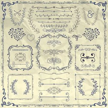 Pen Drawing Doodle Design Elements on Crumpled Paper Stock Illustration