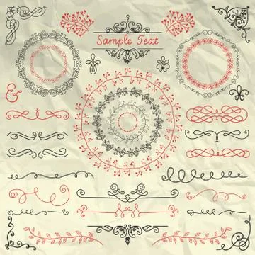Pen Drawing Doodle Design Elements on Crumpled Paper Stockillustratie