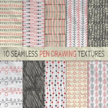 Pen Drawing Seamless Patterns on Crumpled Paper Texture Stock Illustration