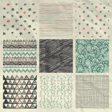 Pen Drawing Seamless Patterns on Crumpled Paper Texture Stock Illustration